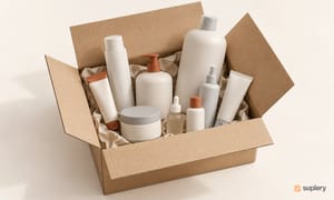 Open shipping box with professional beauty products from several lines