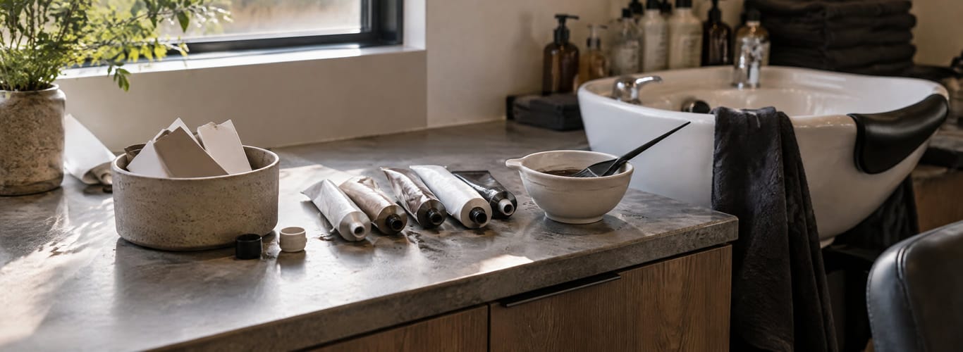 Box-top bin, color tubes and a mixing bowl on the counter beside a salon backwash sink.