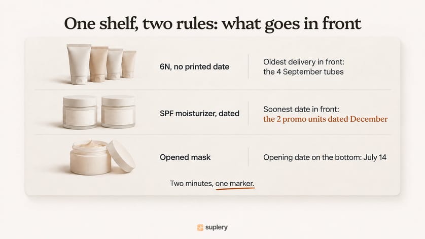 Salon shelf example: undated color by delivery, dated SPF by expiry, opened mask by opening date