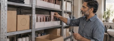 Salon owner moving an older color tube to the front of a stockroom shelf, marker in hand.