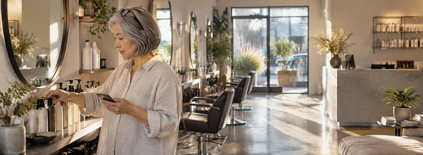 Salon owner counting back bar bottles at a styling station before opening, phone in hand.