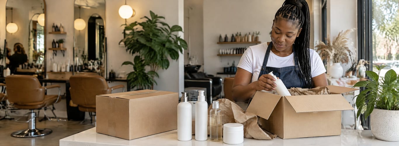 Salon owner unpacking a delivery of professional products at the reception counter.