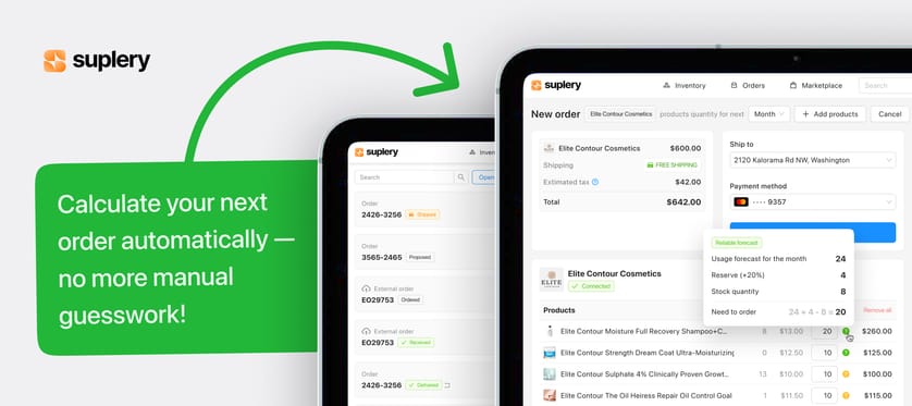 Suplery salon inventory software interface showing automatic calculation of reorder quantities, streamlining order management and eliminating manual guesswork.