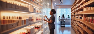 Salon employee organizing retail products and managing inventory on neatly arranged shelves, showcasing efficient salon inventory management practices.