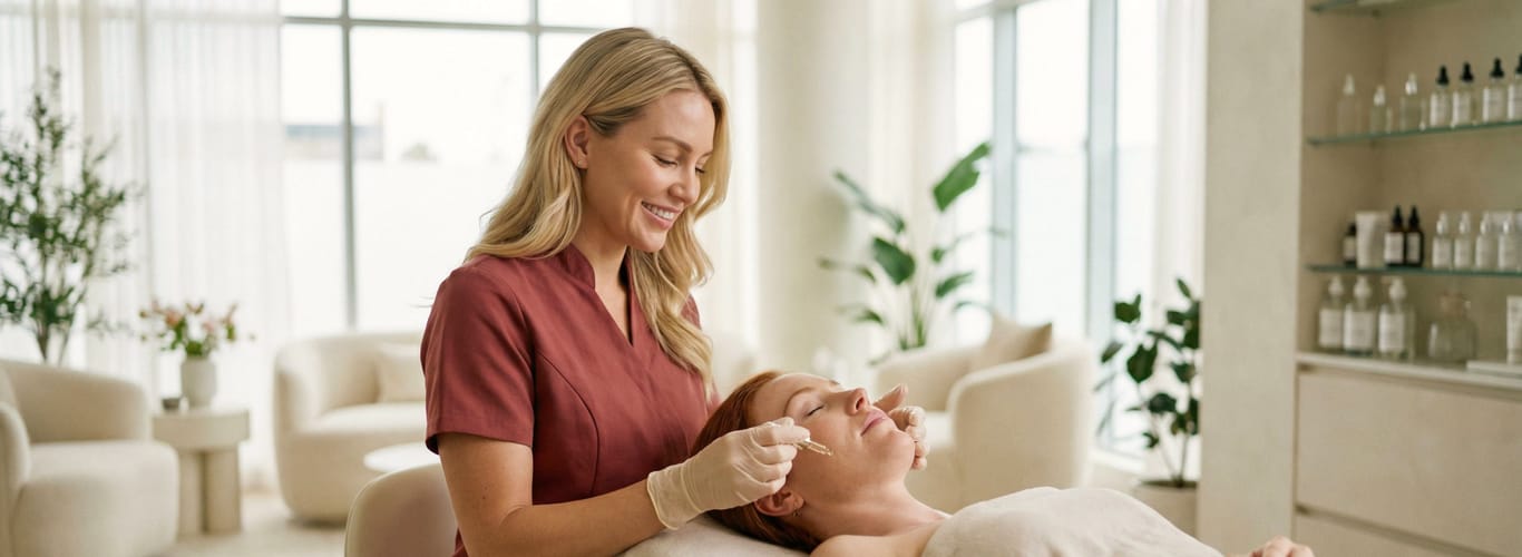 Esthetician applying a retinoid-based serum to a client’s face during a professional skincare treatment in a bright spa.