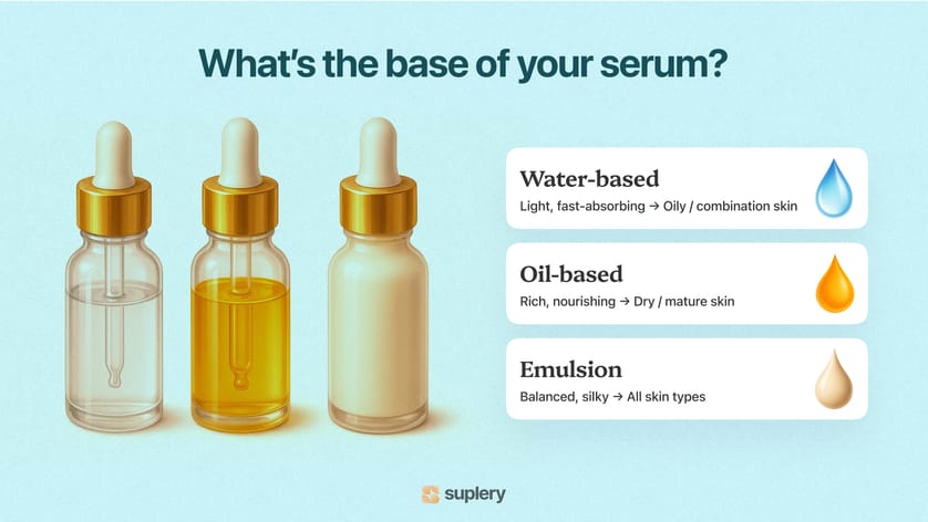 Suplery infographic — guide comparing water-based, oil-based, and emulsion serums by texture and skin type.