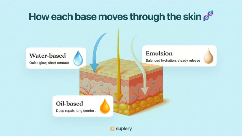 Suplery illustration showing how water, oil, and emulsion formulas penetrate the skin at different depths.