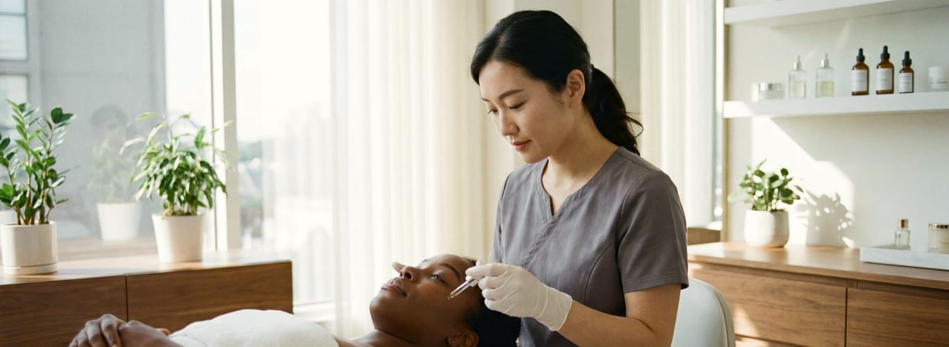 Esthetician applying a Vitamin B serum to a client’s face in a calm, light-filled treatment room.