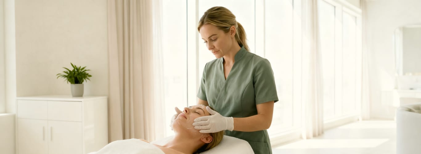 Esthetician applying a facial mask to a client in a bright, modern skincare studio.