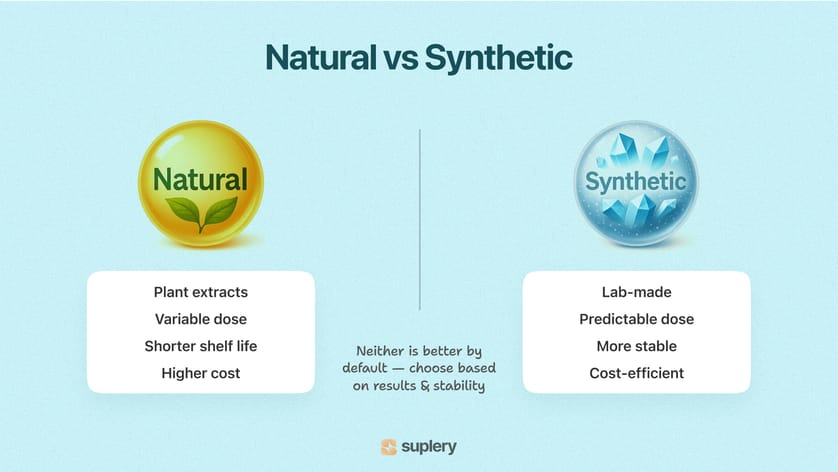 Infographic comparing natural vs synthetic vitamins — plant extracts vs lab-made, variable vs predictable dose, stability, cost.