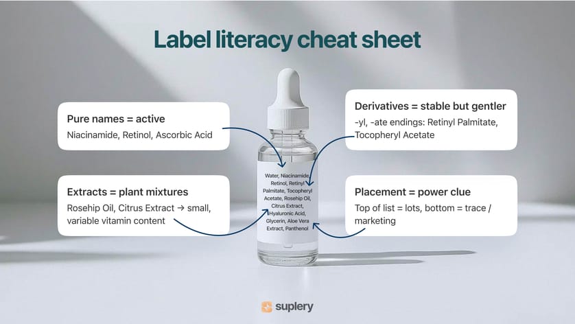 Skincare label literacy infographic — pure names vs derivatives, plant extracts vs placement on INCI list.