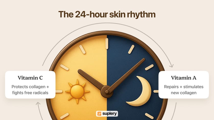 Infographic showing how Vitamin C protects skin by day and Vitamin A repairs it by night.