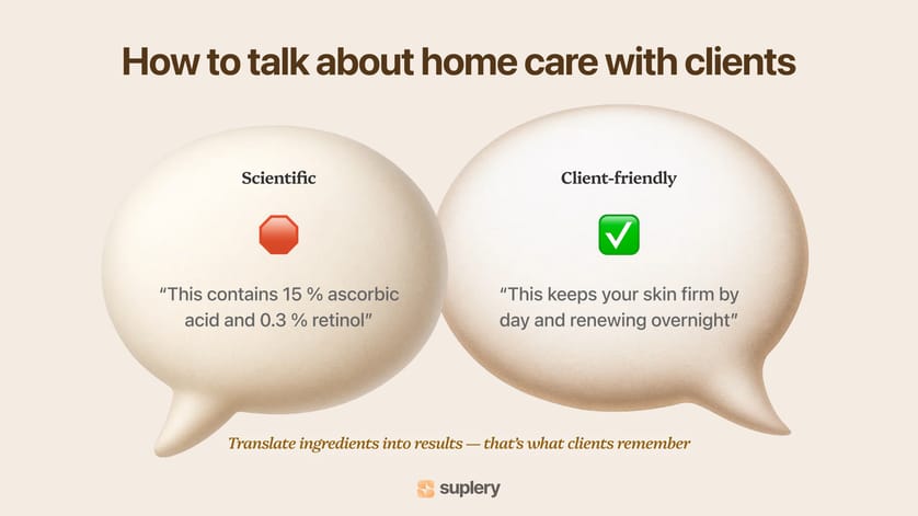 Comparison of scientific vs client-friendly skincare language for better communication.