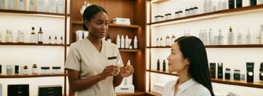 Esthetician presenting skincare serums to a client in a professional beauty salon surrounded by cosmetic products.