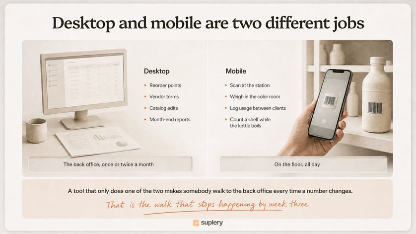 Desktop and mobile inventory work side by side, rules on one, counting on the other