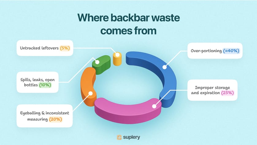 Chart of backbar waste sources — over-portioning 40%, storage 25%, eyeballing 20%, spills 10%, leftovers 5%