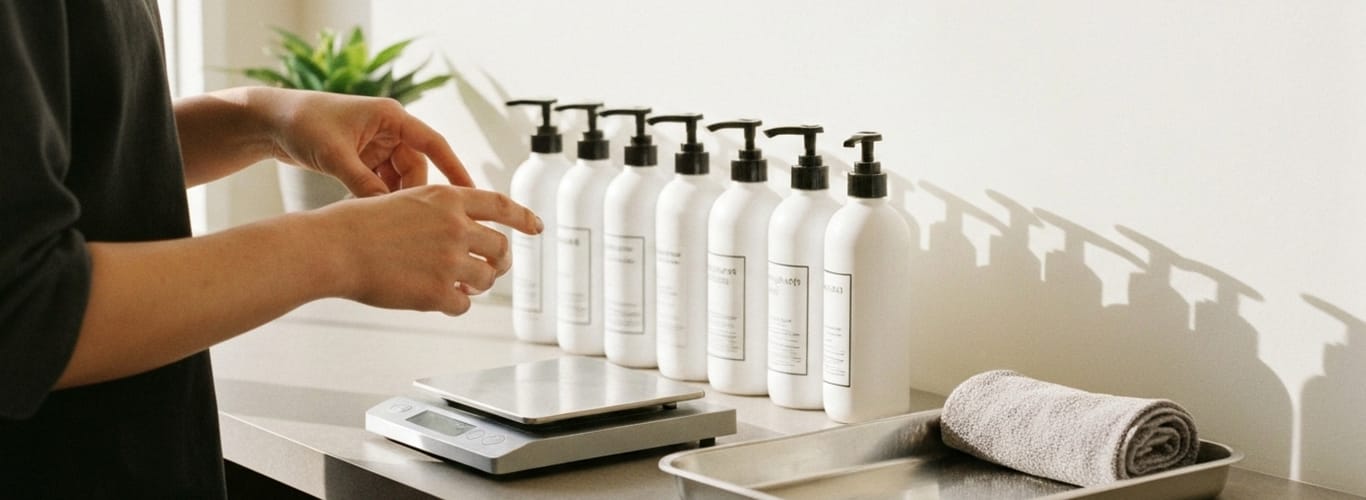 Person preparing salon backbar bottles with pumps, using a digital scale for accurate measuring.