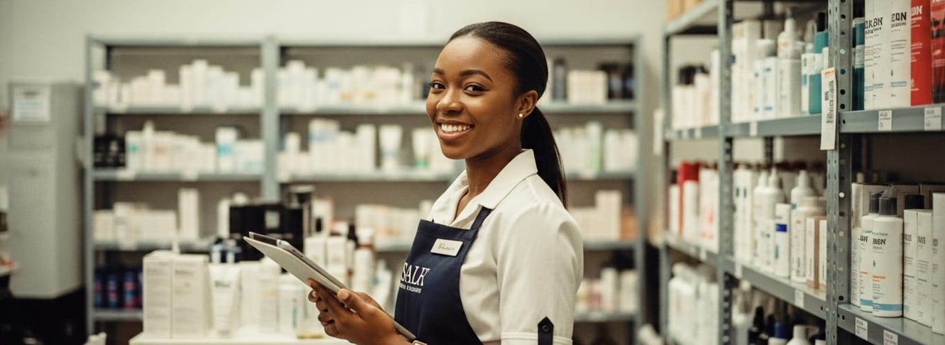 Smiling salon professional managing beauty product inventory with a tablet in stockroom.
