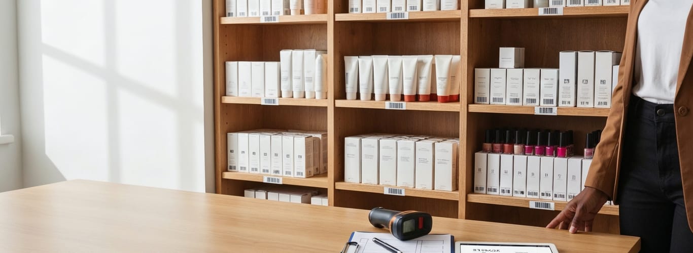 Organized salon inventory shelves with boxed products, barcode labels, and a scanner on the desk.