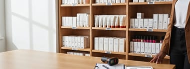Organized salon inventory shelves with boxed products, barcode labels, and a scanner on the desk.