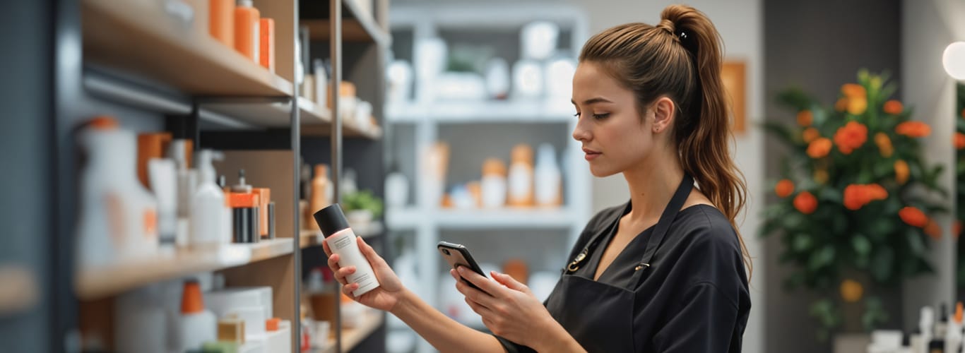 Salon manager auditing product shelves to reduce inventory costs