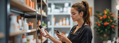 Salon manager auditing product shelves to reduce inventory costs