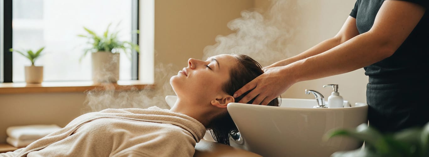 Suplery visual — woman relaxing during a head-spa steam ritual, symbolizing calm and mindful salon experience.