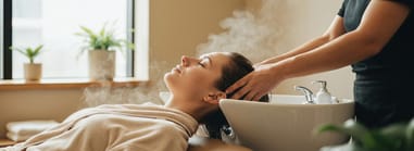 Suplery visual — woman relaxing during a head-spa steam ritual, symbolizing calm and mindful salon experience.