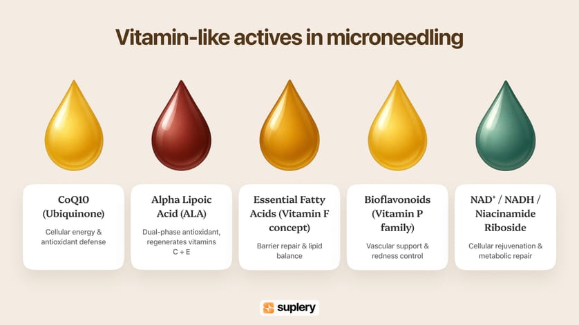 Infographic showing vitamin-like actives used in microneedling, including CoQ10, Alpha Lipoic Acid, Essential Fatty Acids, Bioflavonoids, and NAD⁺ for repair and rejuvenation.
