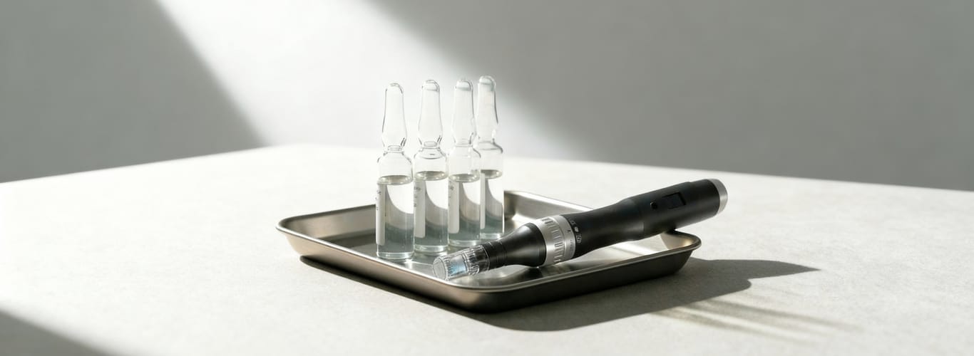 Close-up of microneedling pen and glass ampoules on a metal tray in a bright, sterile setting.