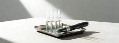 Close-up of microneedling pen and glass ampoules on a metal tray in a bright, sterile setting.