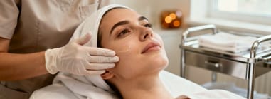 Esthetician applying a skincare serum to a client’s face during a professional facial treatment.