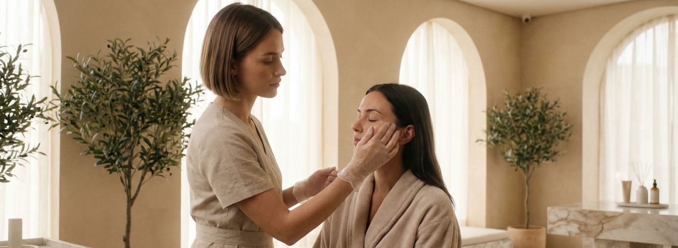 Esthetician gently applying skincare product to a client’s face in a calm, beige-toned spa environment.