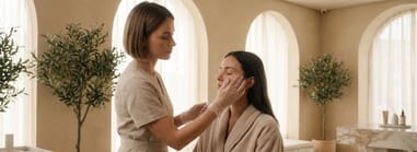 Esthetician gently applying skincare product to a client’s face in a calm, beige-toned spa environment.
