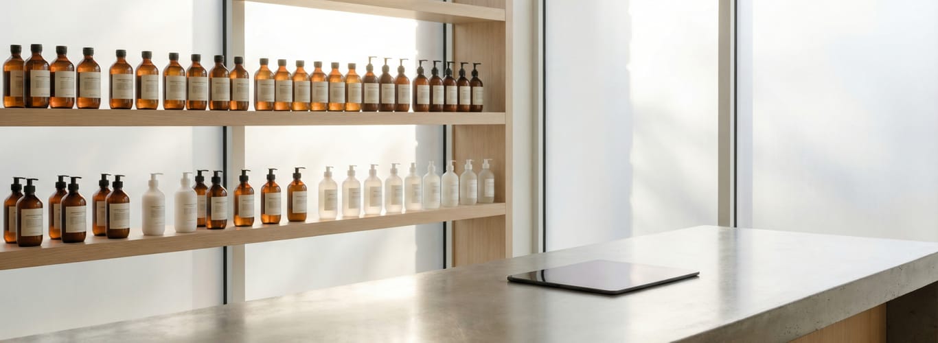 Minimalist salon workspace with neatly organized amber and white product bottles on wooden shelves and a laptop on a concrete counter.
