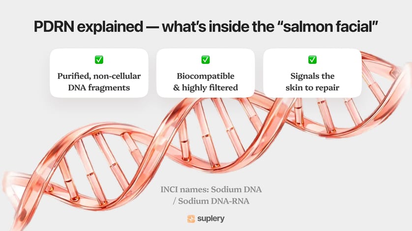 Infographic explaining PDRN in the “salmon facial” — purified DNA fragments that signal skin repair.