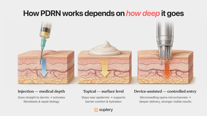 Diagram showing how PDRN works at different depths — injection, topical, and microneedling-assisted delivery.