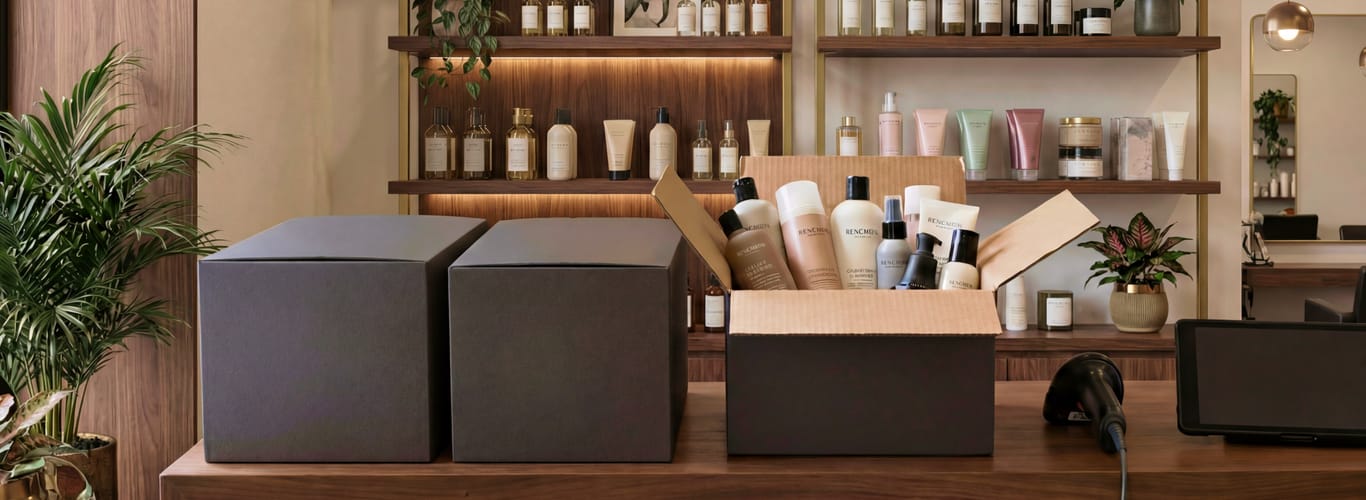  Open shipping box with beauty products on a salon counter, next to unopened boxes and retail shelves in the background.
