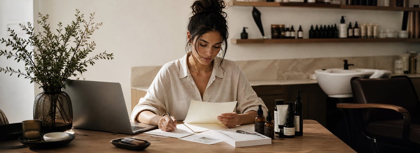 Esthetician sitting at a salon desk reviewing paperwork and taking notes, with a laptop, retail product shelves, and a styling station in the background — planning the startup and monthly costs of her beauty business.