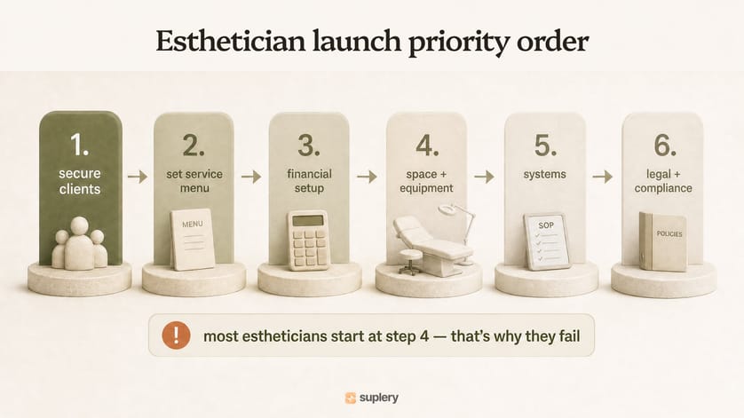 Esthetician launch priority order: six numbered steps from secure clients, set service menu, financial setup, space and equipment, systems, to legal and compliance — with a warning that most estheticians start at step 4 and that's why they fail.