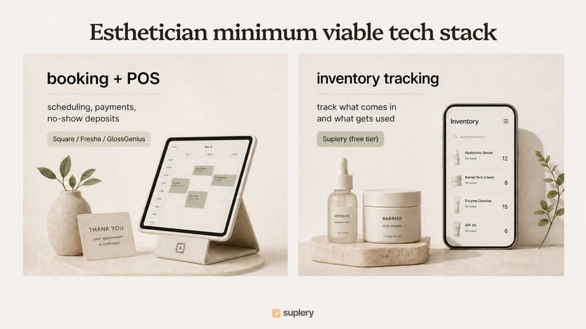 Esthetician minimum viable tech stack: booking and POS (Square, Fresha, GlossGenius) plus inventory tracking on Suplery.