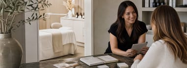 Esthetician smiling and showing a tablet to a client across a stone counter in a calm, neutral-toned studio with a treatment bed in the background.