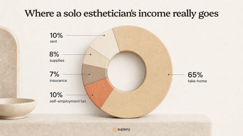 Donut chart of a solo esthetician's income: 65% take-home, rest split between rent, supplies, insurance, tax.