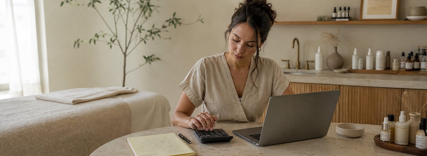 Solo esthetician calculating income and expenses on a laptop and calculator in her treatment room.