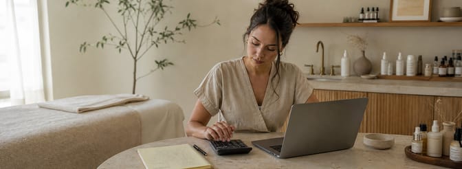 Solo esthetician calculating income and expenses on a laptop and calculator in her treatment room.