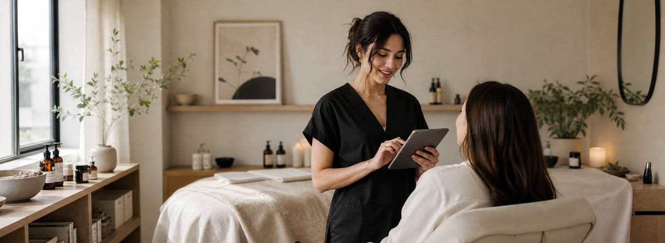 Esthetician in scrubs showing a client a tablet in her treatment room, product shelves behind them.
