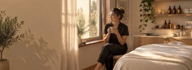 Solo esthetician holding a mug and looking out the window of her empty treatment room.