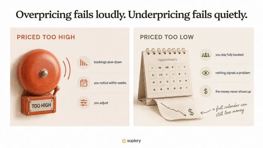 Overpricing shows up fast as fewer bookings; underpricing hides behind a full calendar