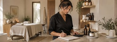 Spa owner doing numbers with a calculator and notebook at the counter of her treatment room.