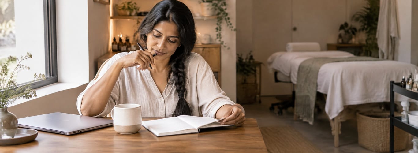 Spa owner planning in a notebook at her desk, laptop closed and treatment table behind her.